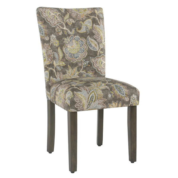 BM196083 - Floral Print Fabric Upholstered Parsons Chair With Wooden Legs, Multicolor, Set Of Two