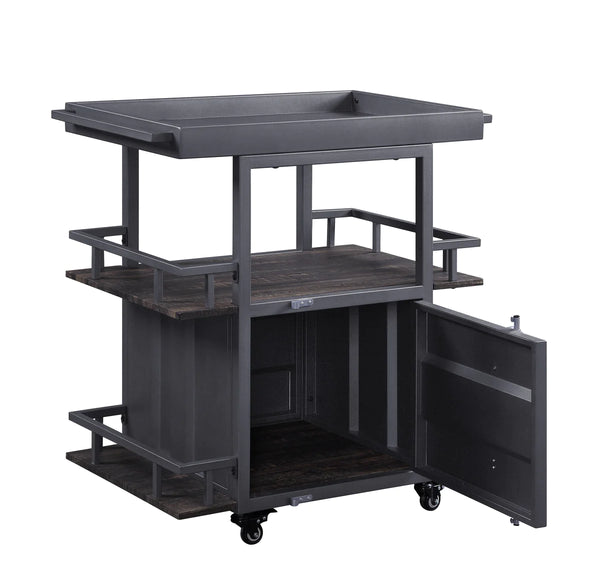 Metal Serving Cart With 1 Door Storage And 2 Tray Shaped Shelves, Gray - BM204490