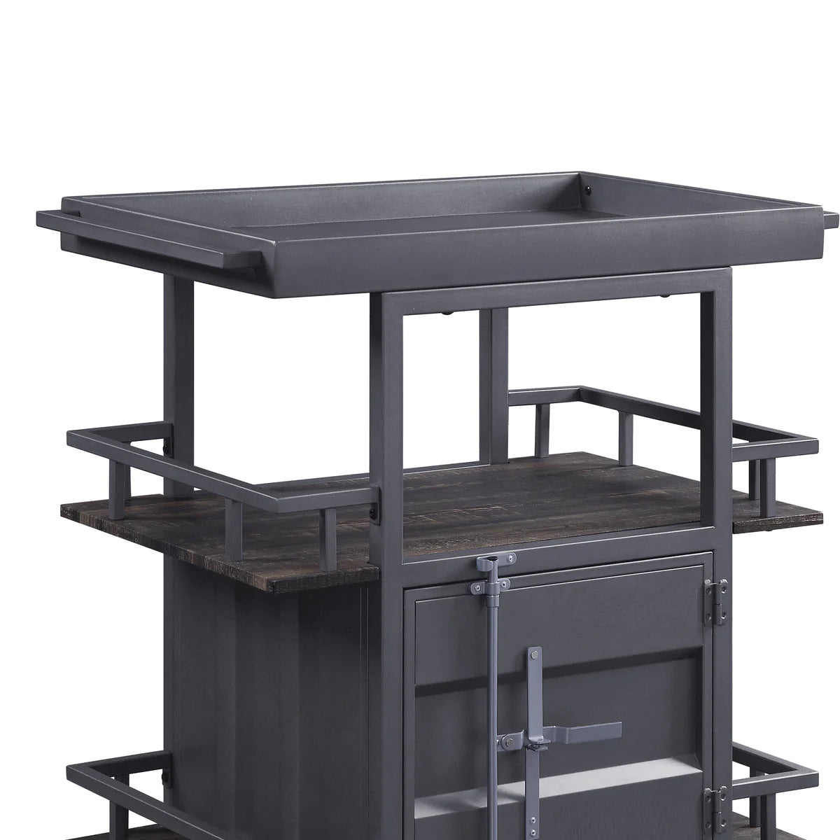 Metal Serving Cart With 1 Door Storage And 2 Tray Shaped Shelves, Gray - BM204490