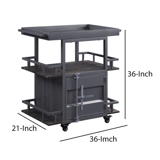 Metal Serving Cart With 1 Door Storage And 2 Tray Shaped Shelves, Gray - BM204490