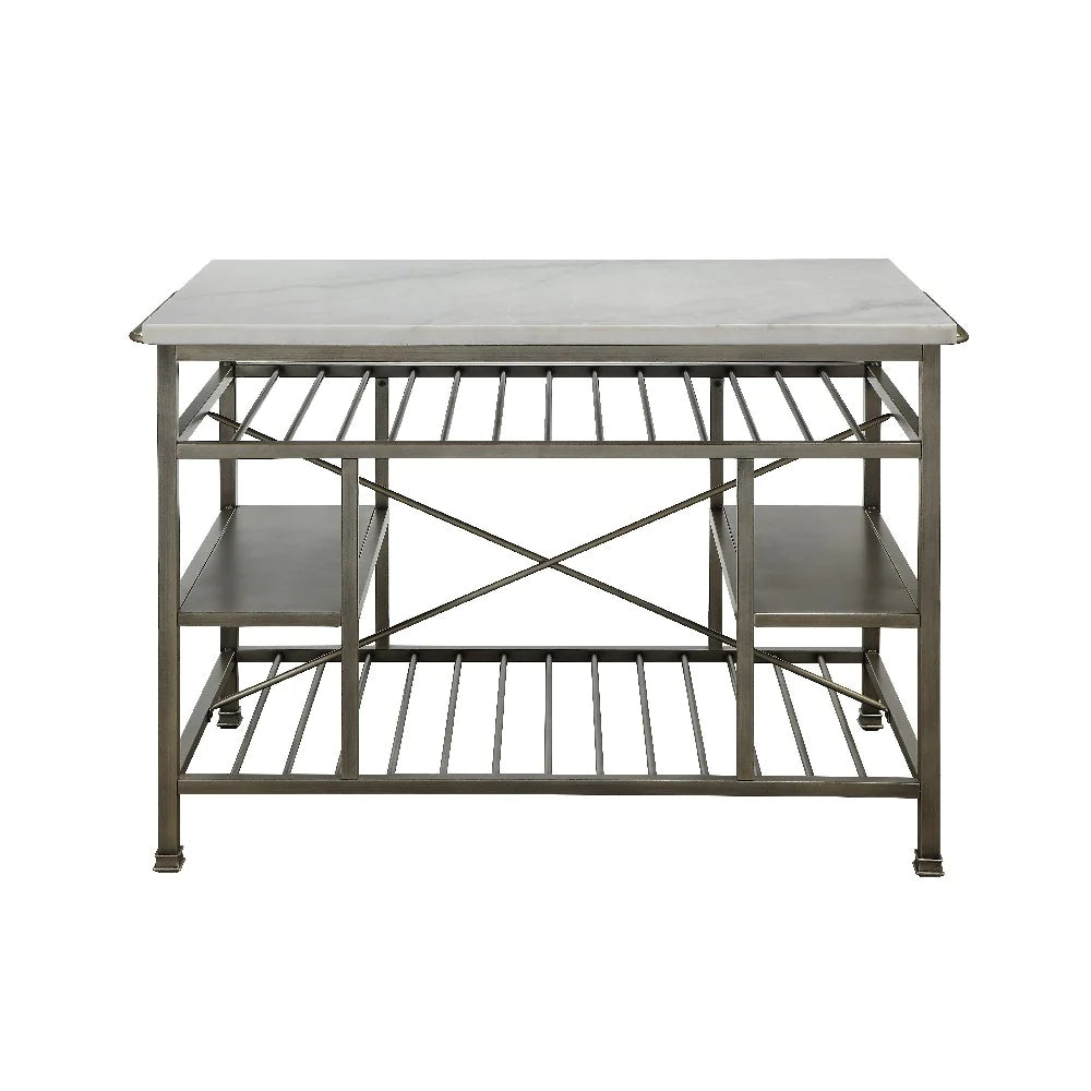 Marble Top Metal Kitchen Island With 2 Slated Shelves, Gray And White - BM214991