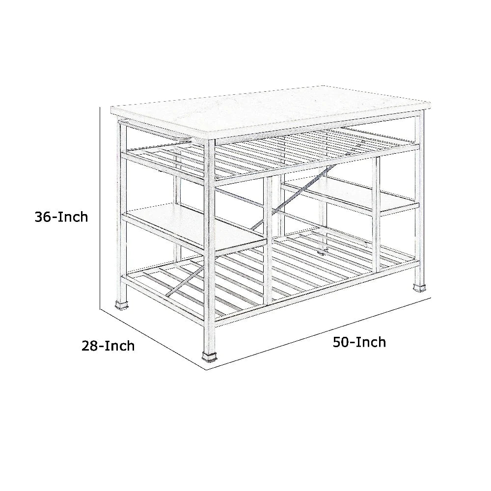 Marble Top Metal Kitchen Island With 2 Slated Shelves, Gray And White - BM214991