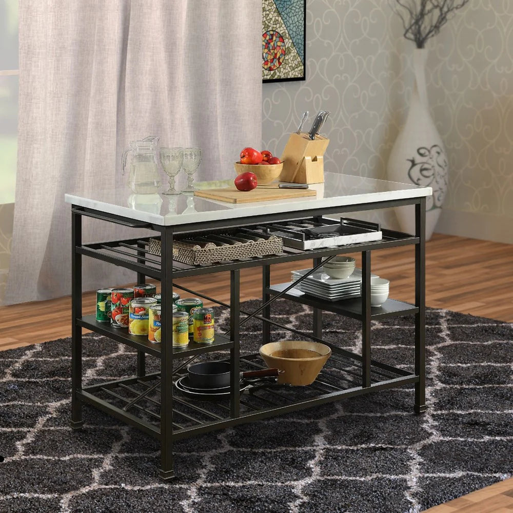 Marble Top Metal Kitchen Island With 2 Slated Shelves, Gray And White - BM214991