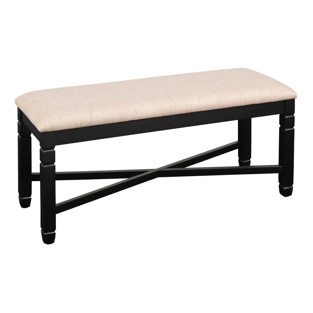 Fabric Dining Bench With Turned Legs And X Shaped Support, Beige And Black - BM218112