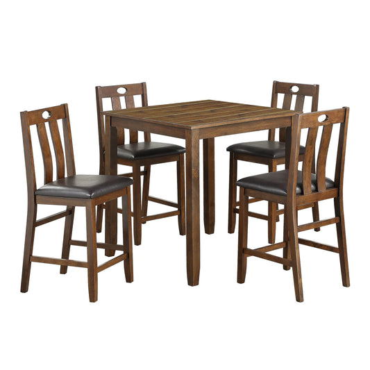 Square Counter Height Table With Slatted Faux Leather Chairs,Set Of 5,Brown - BM220904