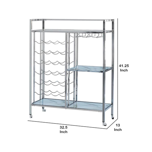 Metal Serving Cart With Wine And Stemware Rack, Silver - BM230344