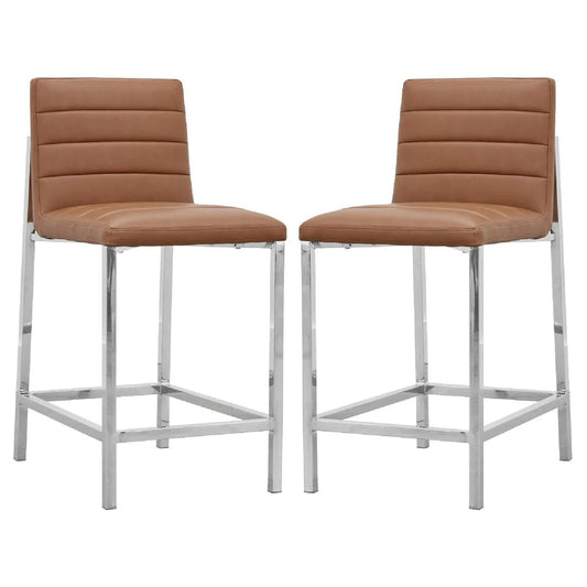 Eun 26 Inch Vegan Faux Leather Counter Stool, Chrome Legs, Set Of 2, Brown - BM273665