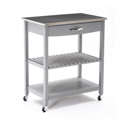 38 Inch 2 Tier Kitchen Cart Island, Shelf, Steel Top, Lock Casters, Gray - BM274298