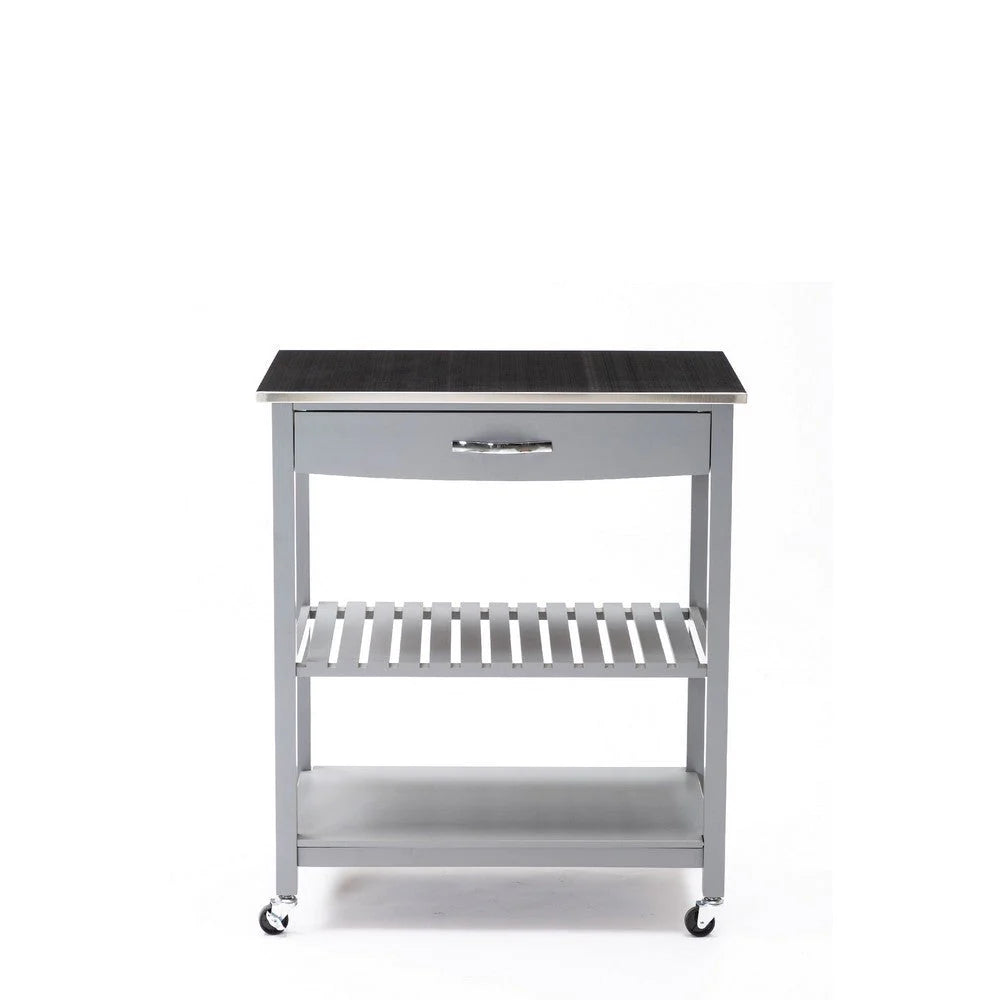 38 Inch 2 Tier Kitchen Cart Island, Shelf, Steel Top, Lock Casters, Gray - BM274298