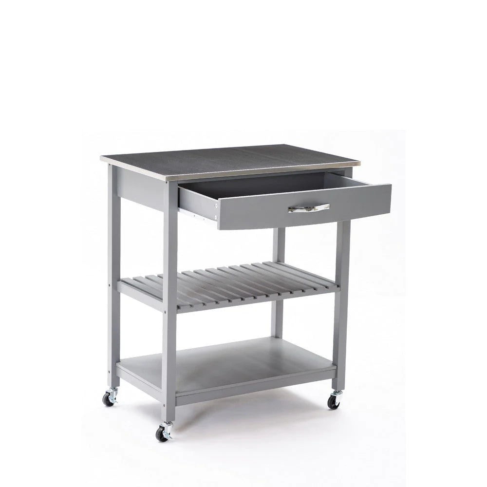 38 Inch 2 Tier Kitchen Cart Island, Shelf, Steel Top, Lock Casters, Gray - BM274298