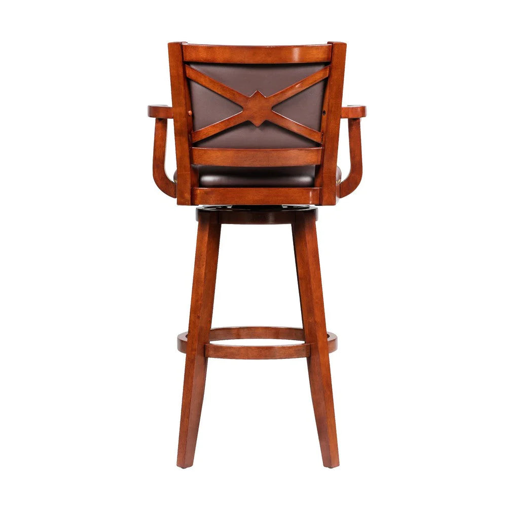 Hugo 34 Inch Swivel Barstool, Wood, Open Rolled Arms, Bonded Leather, Brown - BM274302