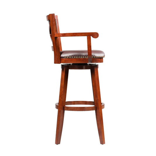 Hugo 34 Inch Swivel Barstool, Wood, Open Rolled Arms, Bonded Leather, Brown - BM274302