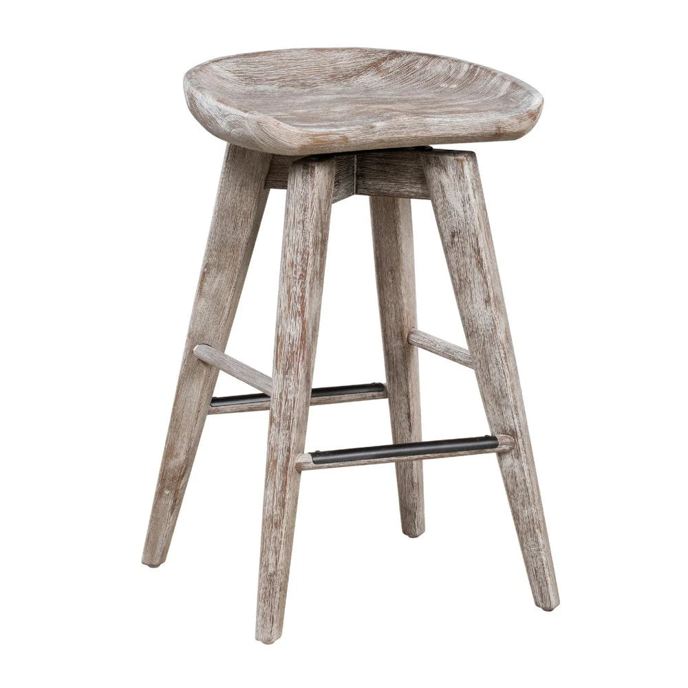 Esme 24 Inch Swivel Counter Stool, Contour Seat, Wood, Wire Brushed White - BM274305