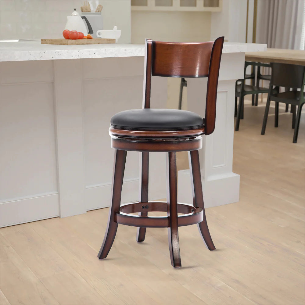 Pal 24 Inch Swivel Counter Stool, Solid Wood, Bonded Leather, Brown - BM274337