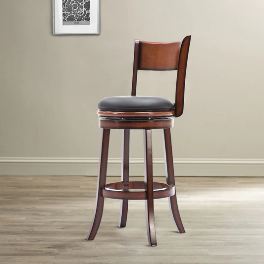 Pal 29 Inch Swivel Bar Stool, Solid Wood, Rich Bonded Leather, Brown - BM274338