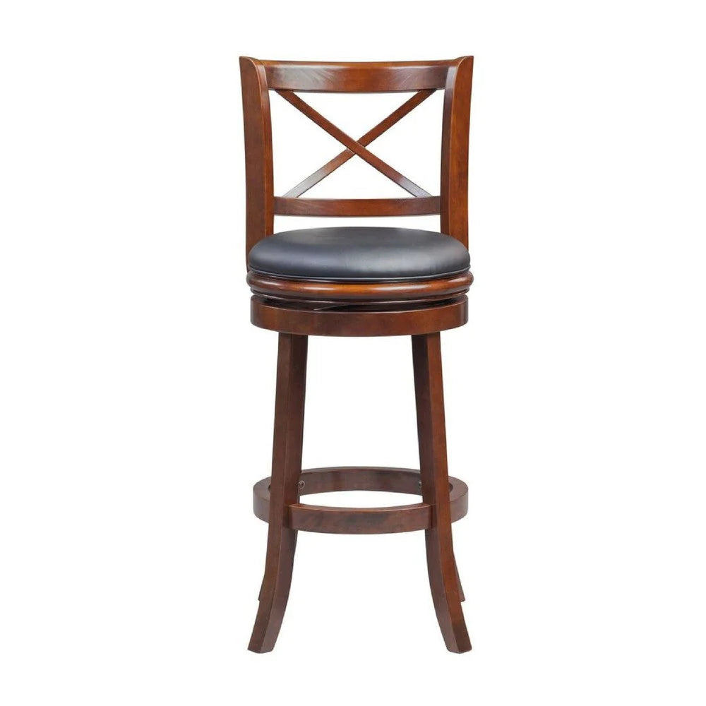 Gia 29 Inch Swivel Bar Stool, Solid Wood, Rich Vegan Faux Leather, Brown - BM274340