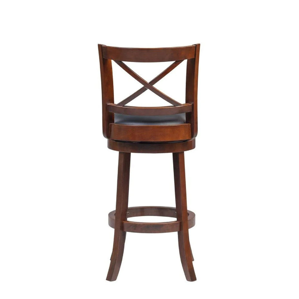 Gia 29 Inch Swivel Bar Stool, Solid Wood, Rich Vegan Faux Leather, Brown - BM274340