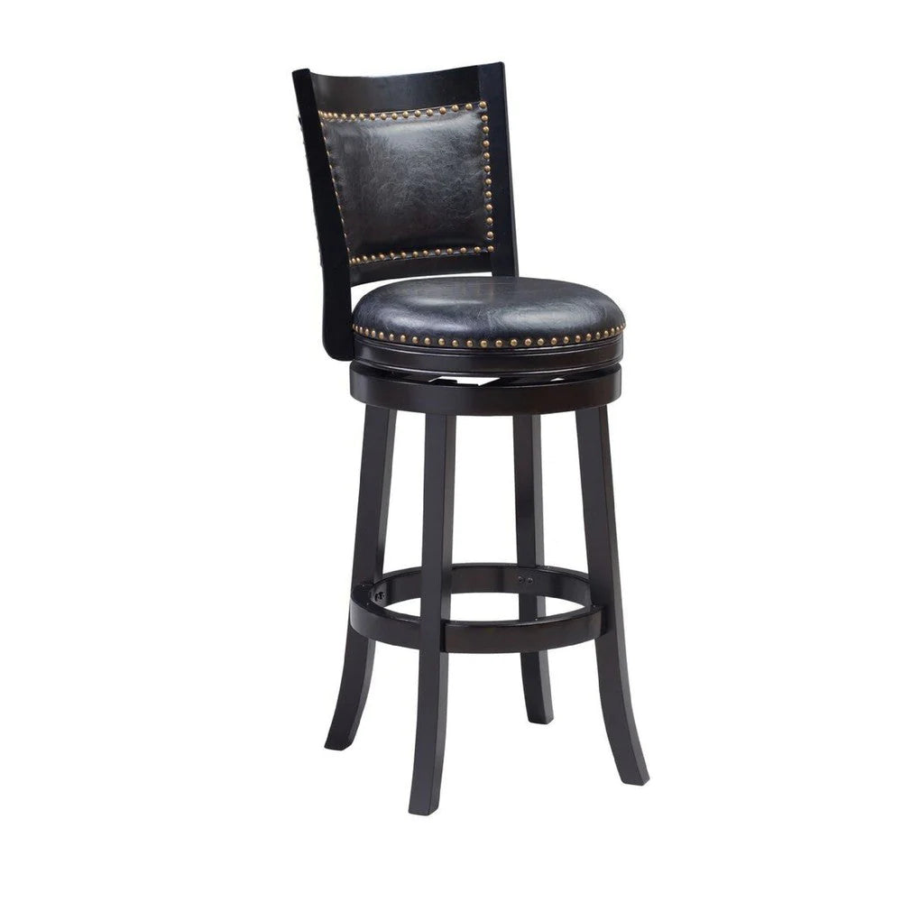 Sabi 24 Inch Swivel Counter Stool, Solid Wood, Faux Leather, Brown, Black - BM274351