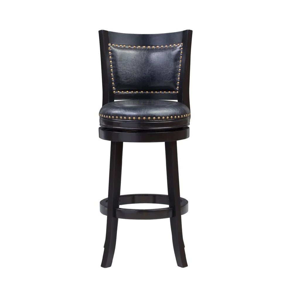 Sabi 24 Inch Swivel Counter Stool, Solid Wood, Faux Leather, Brown, Black - BM274351