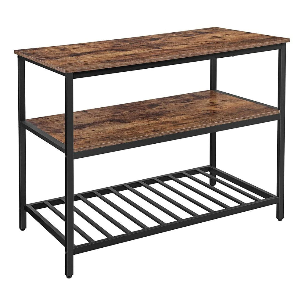 Hugh 47 Inch Wood Kitchen Island, Slatted Metal Shelf, Rustic Brown, Black - BM274770