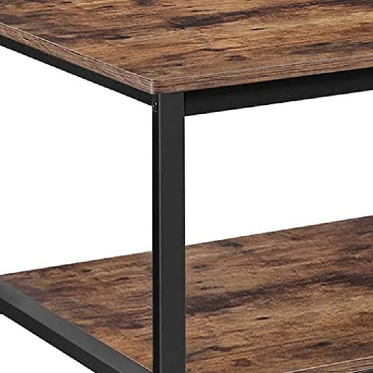 Hugh 47 Inch Wood Kitchen Island, Slatted Metal Shelf, Rustic Brown, Black - BM274770