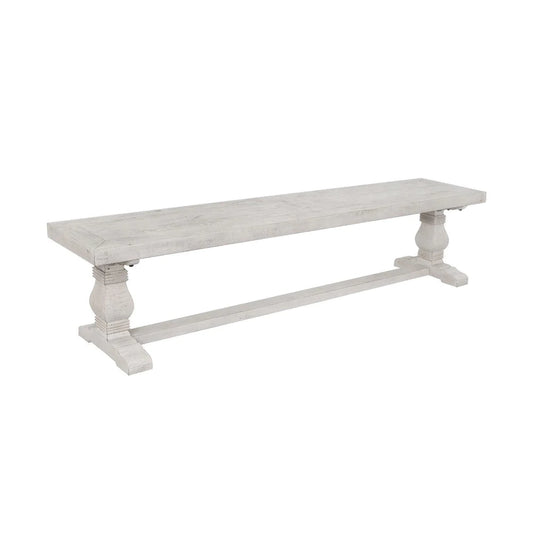 Kai 66 Inch Reclaimed Pine Dining Bench, Turned Pedestals, Antique White - BM275645