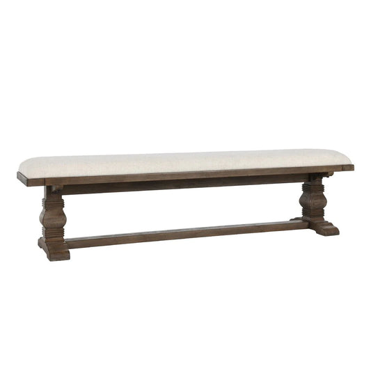 Kai 71 Inch Upholstered Dining Bench, Solid Wood, Turned Pedestals, Brown - BM275646