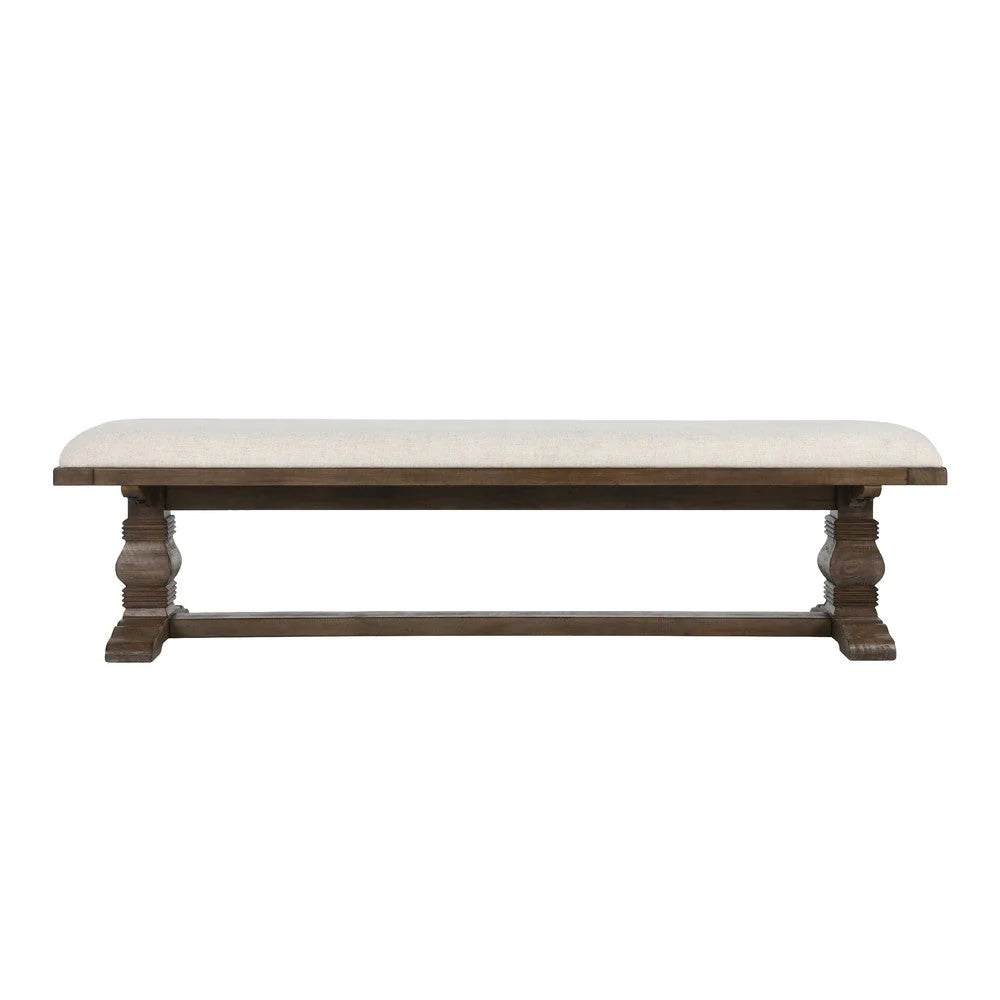 Kai 71 Inch Upholstered Dining Bench, Solid Wood, Turned Pedestals, Brown - BM275646