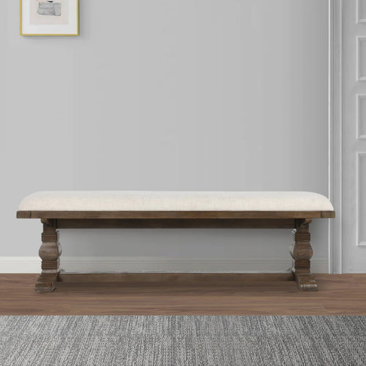 Kai 71 Inch Upholstered Dining Bench, Solid Wood, Turned Pedestals, Brown - BM275646