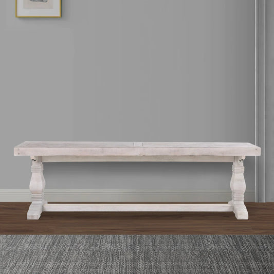 Kai 83 Inch Reclaimed Pine Dining Bench, Turned Pedestals, Antique White - BM275648
