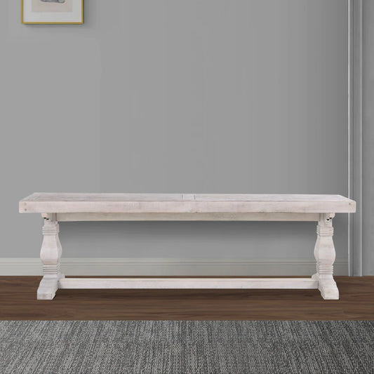 Kai 83 Inch Reclaimed Pine Dining Bench, Turned Pedestals, Antique White - BM275648