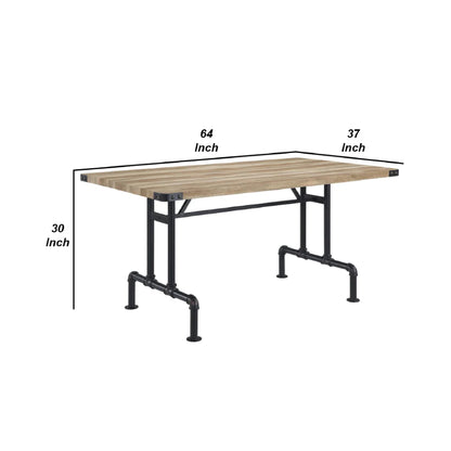 Ada 64 Inch Solid Wood Dining Table, Metal Frame, Rectangular, Brown - BM275722