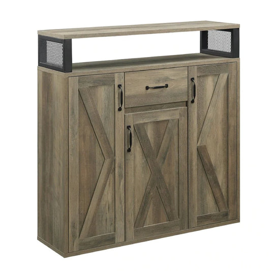 39 Inch Wood Sideboard Buffet Cabinet, 3 Barn Style Doors, Rustic Oak - BM275730