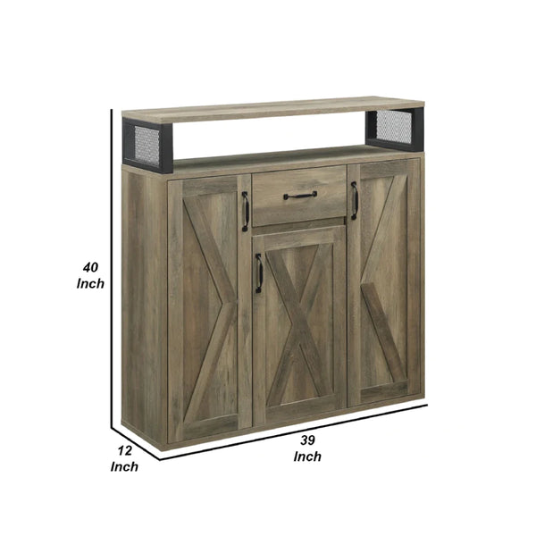 39 Inch Wood Sideboard Buffet Cabinet, 3 Barn Style Doors, Rustic Oak - BM275730
