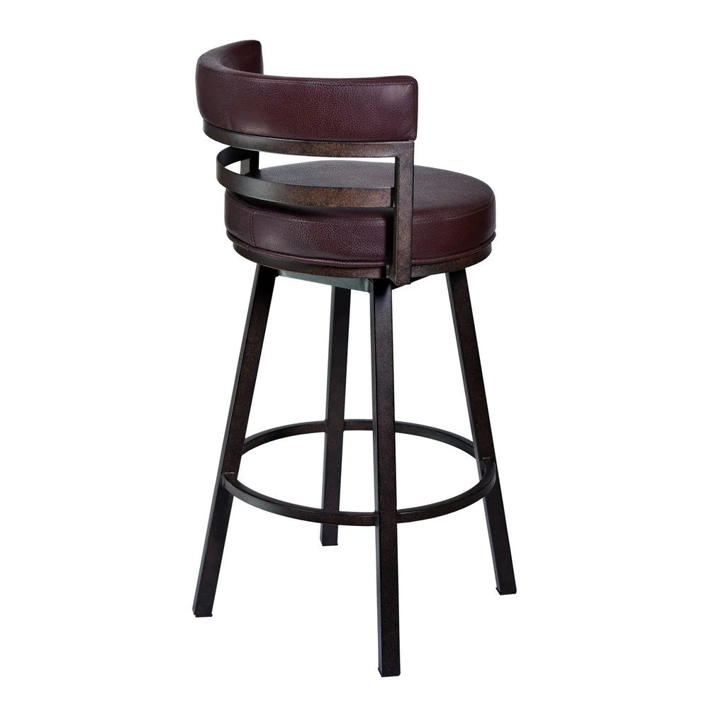 Eva 30 Inch Swivel Bar Stool, Vegan Leather, Curved Back, Auburn Brown - BM282063