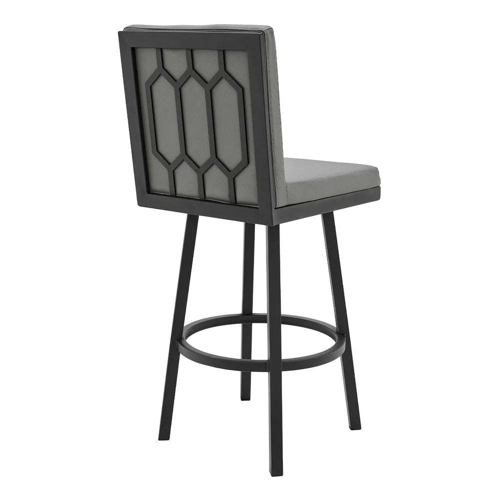 Kim 30 Inch Modern Vegan Leather Bar Stool, Swivel, Metal, Gray, Black - BM282696