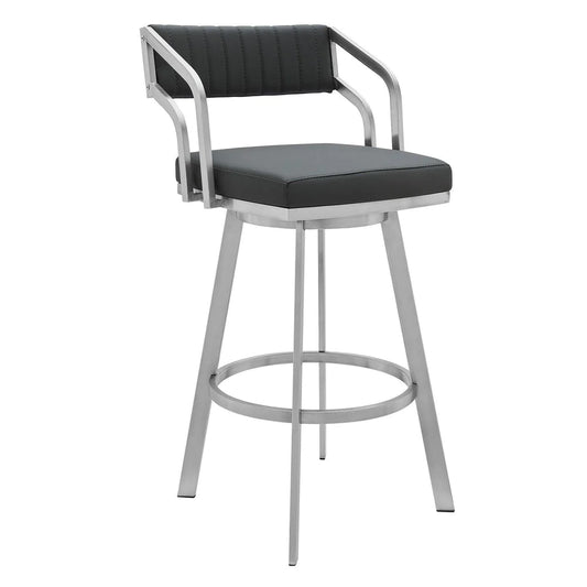 Blake 30 Inch Vegan Faux Leather Bar Stool, Swivel, Metal, Tufted, Gray - BM282698