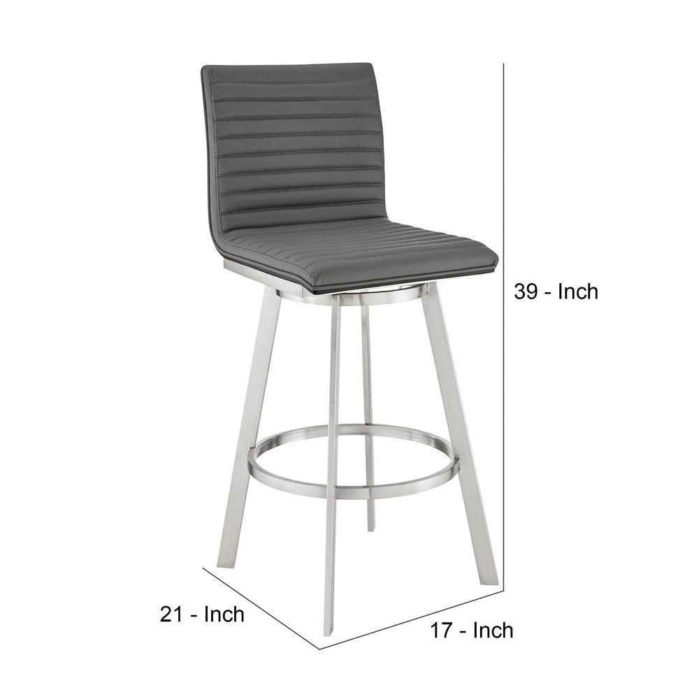 Aron 26 Inch Counter Height Swivel Stool, Vegan Faux Leather, Gray, Chrome - BM283259