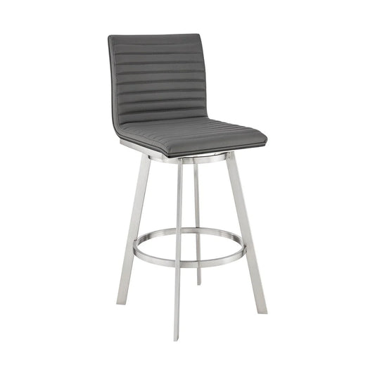 Aron 30 Inch Bar Height Swivel Stool, Vegan Faux Leather, Gray, Chrome - BM283260