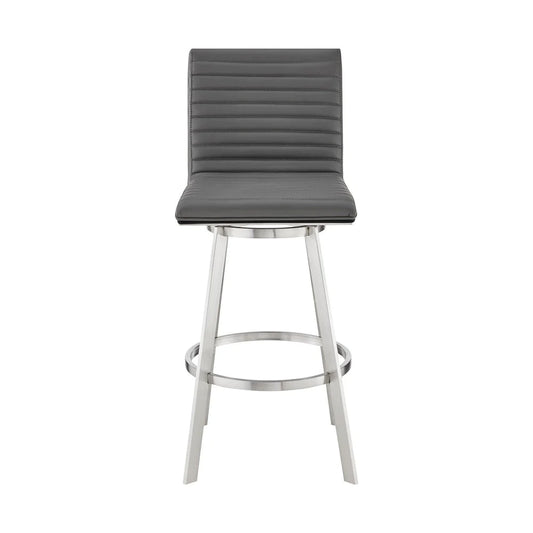 Aron 30 Inch Bar Height Swivel Stool, Vegan Faux Leather, Gray, Chrome - BM283260