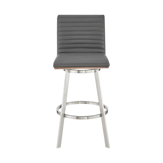 Aron 30 Inch Bar Height Swivel Stool, Vegan Faux Leather, Gray, Chrome - BM283262