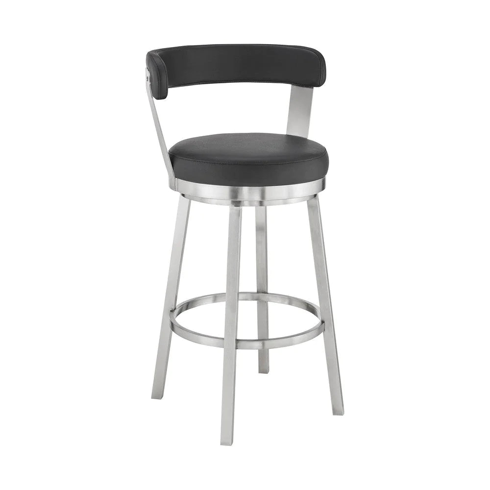 Emma 30 Inch Bar Height Swivel Stool, Steel Legs, Vegan Faux Leather, Black - BM283293