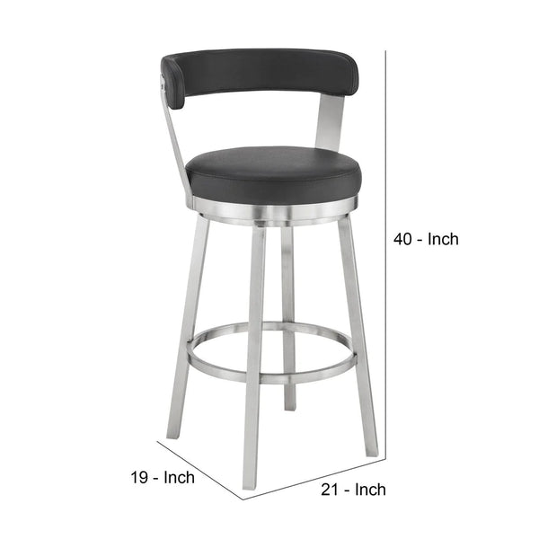 Emma 30 Inch Bar Height Swivel Stool, Steel Legs, Vegan Faux Leather, Black - BM283293