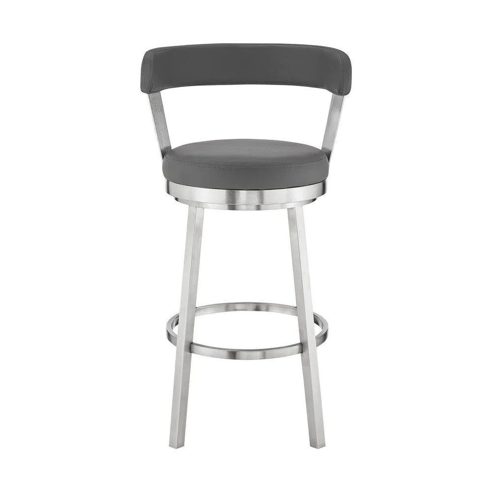 Emma 30 Inch Bar Height Swivel Stool, Steel Legs, Faux Leather, Light Gray - BM283295