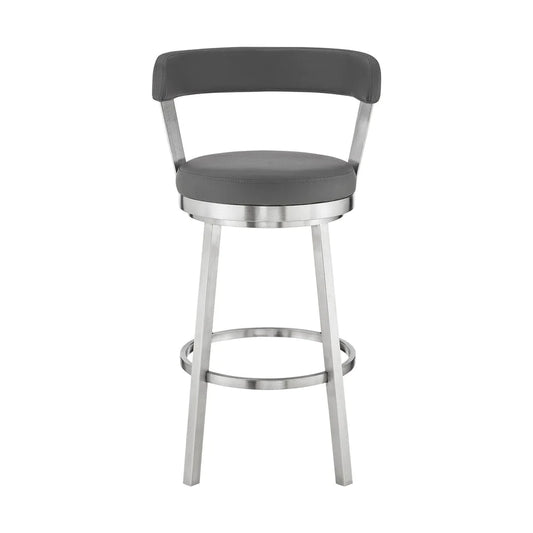 Emma 30 Inch Bar Height Swivel Stool, Steel Legs, Faux Leather, Light Gray - BM283295