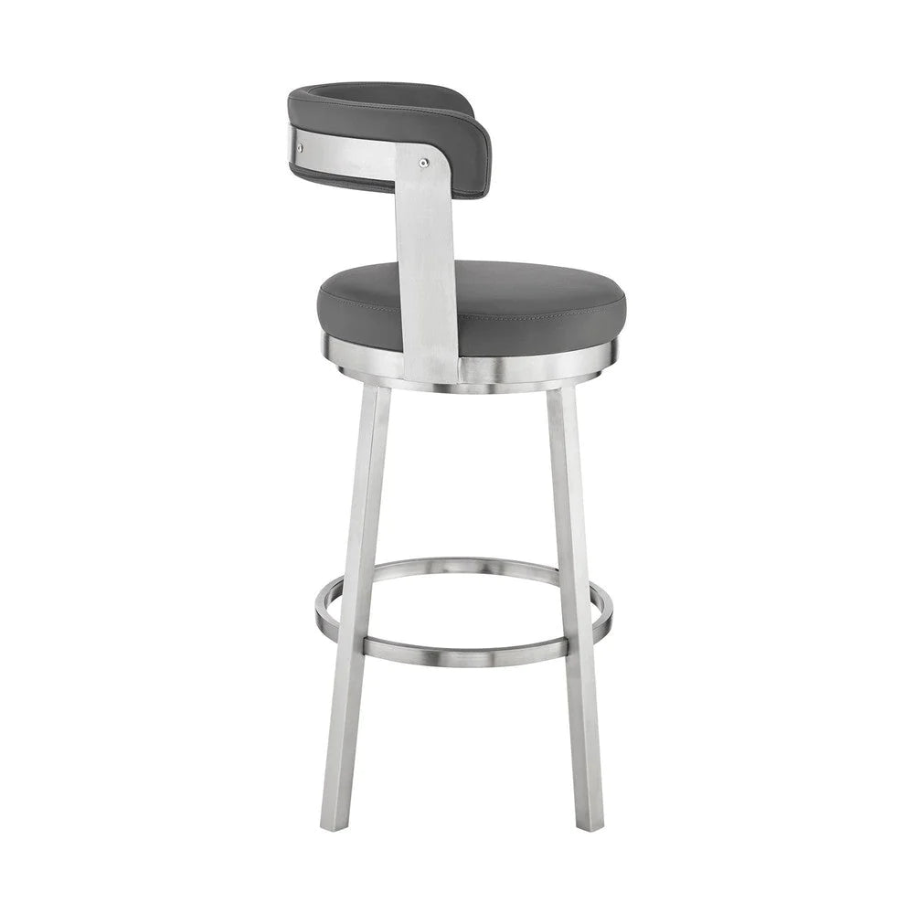 Emma 30 Inch Bar Height Swivel Stool, Steel Legs, Faux Leather, Light Gray - BM283295