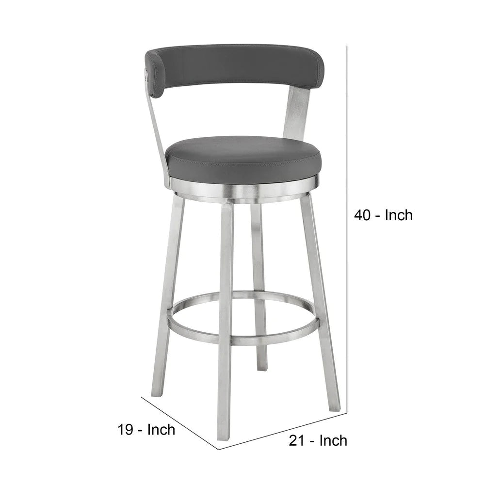 Emma 30 Inch Bar Height Swivel Stool, Steel Legs, Faux Leather, Light Gray - BM283295