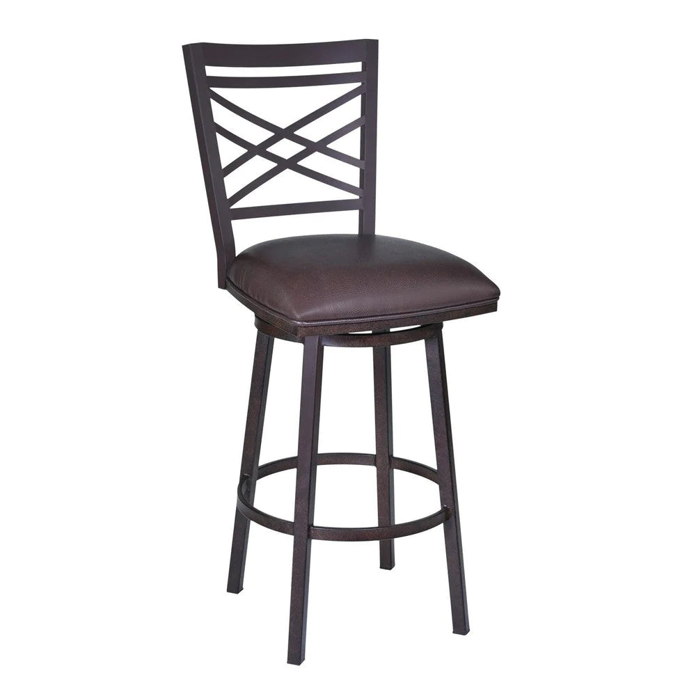 Irma 30 Inch Vegan Faux Leather Bar Stool, Cross Back, Swivel, Metal, Brown - BM285322