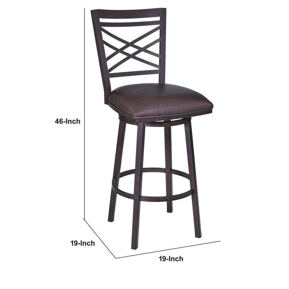 Irma 30 Inch Vegan Faux Leather Bar Stool, Cross Back, Swivel, Metal, Brown - BM285322