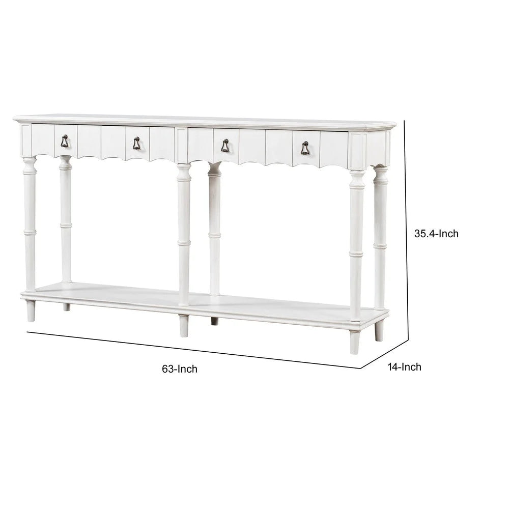 Tyra 63 Inch Console Sideboard Table, 4 Drawers, Turned Legs, White - BM285472